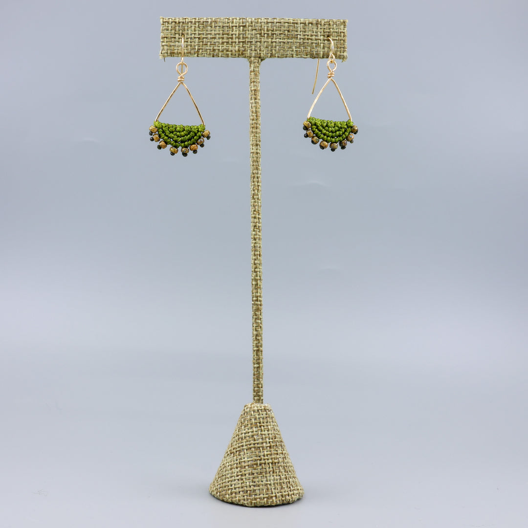 Luna Triangle Hoop Macrame Earrings Olive Green - Gold Fill