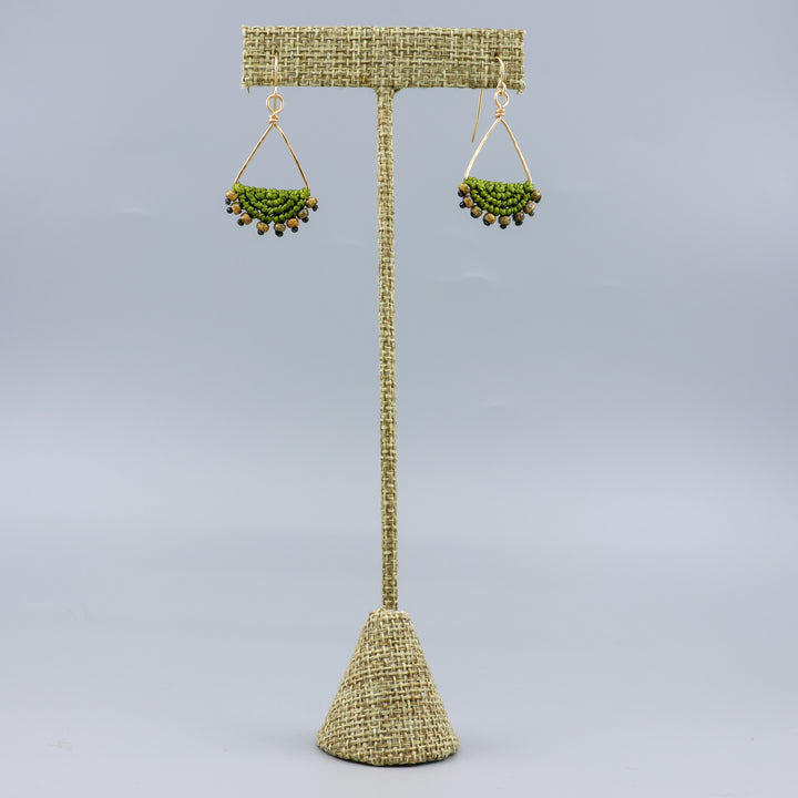 Luna Triangle Hoop Macrame Earrings Olive Green - Gold Fill