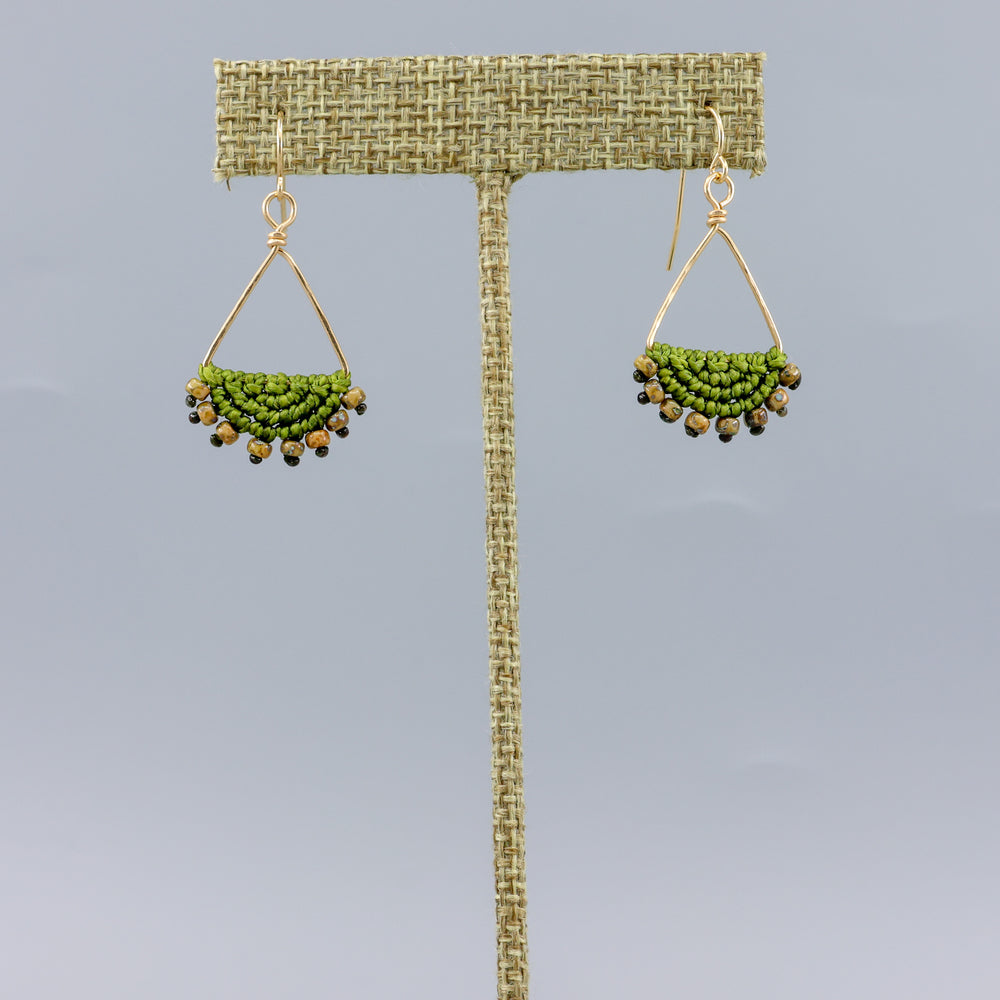 handmade macrame triangle hoop earrings gold fill olive green color on gray background