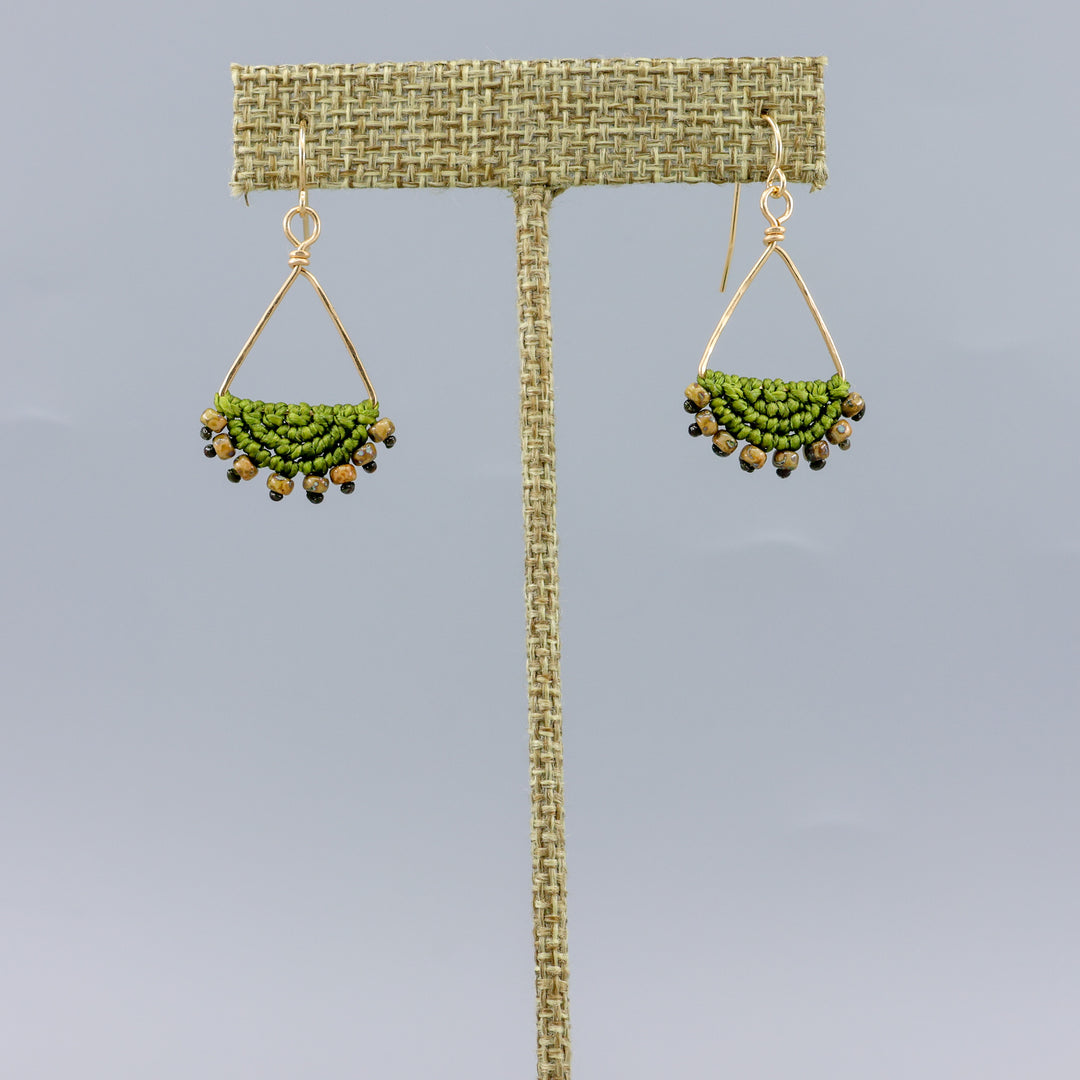 handmade macrame triangle hoop earrings gold fill olive green color on gray background