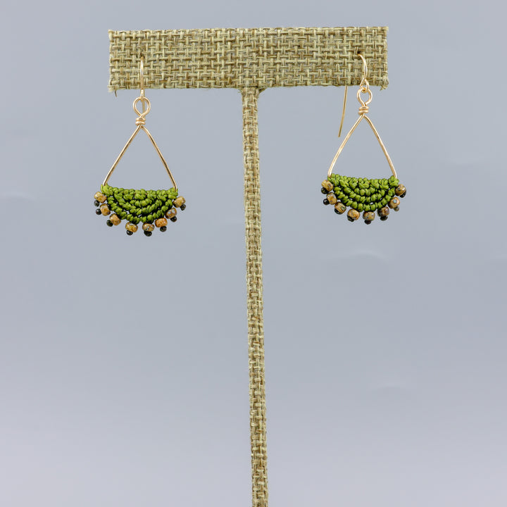 handmade macrame triangle hoop earrings gold fill olive green color on gray background