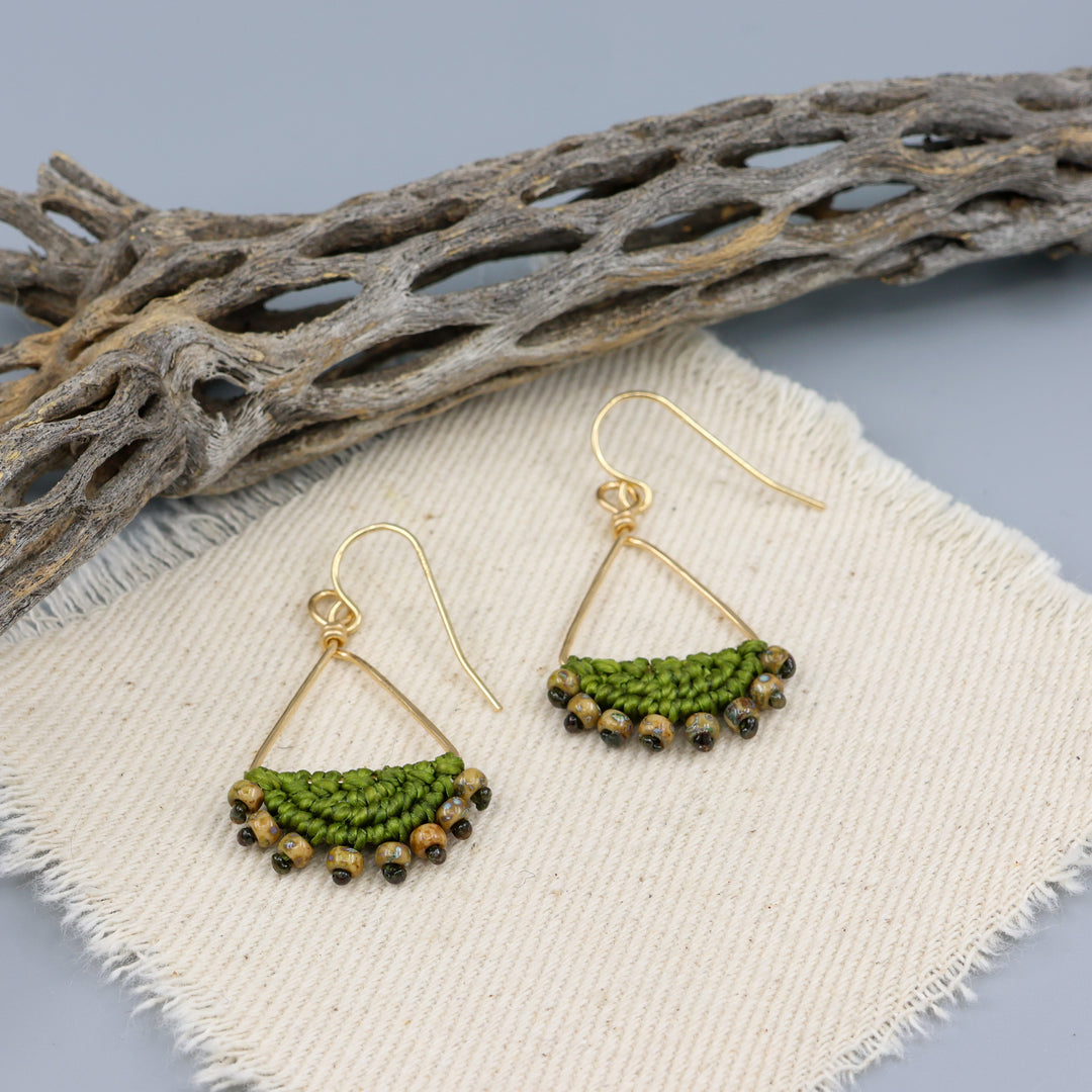 Luna Triangle Hoop Macrame Earrings Olive Green - Gold Fill