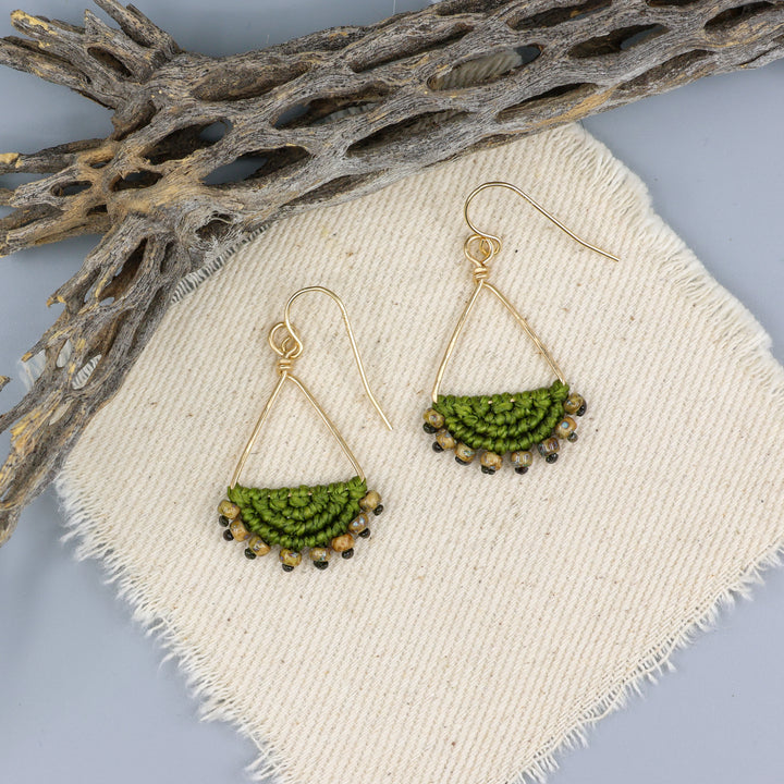 handmade macrame triangle hoop earrings gold fill olive green color