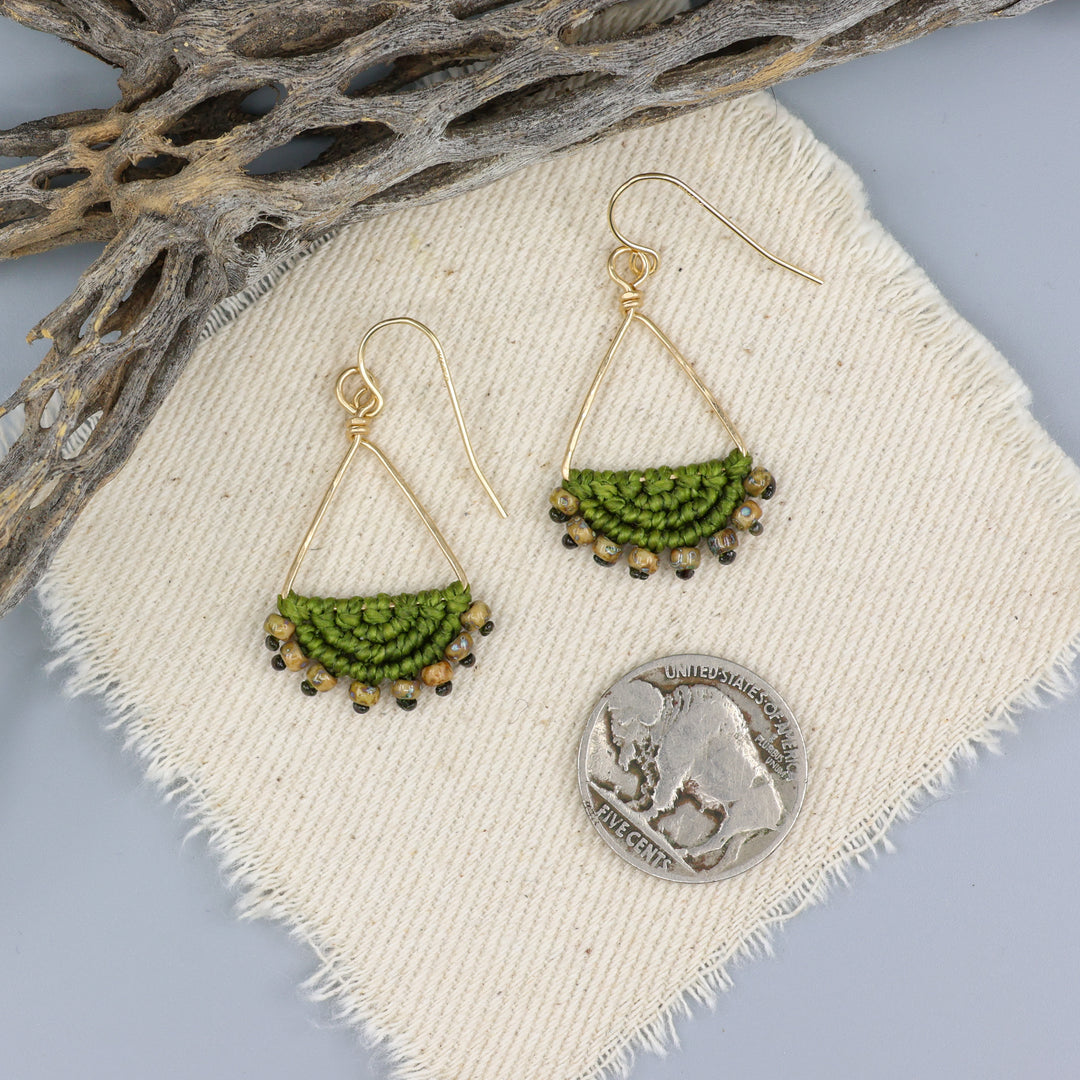 Luna Triangle Hoop Macrame Earrings Olive Green - Gold Fill