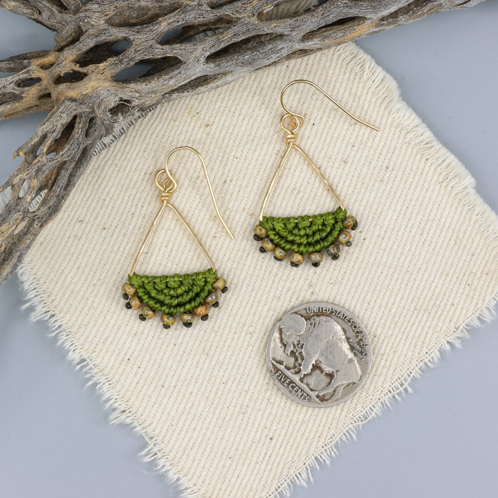 Luna Triangle Hoop Macrame Earrings Olive Green - Gold Fill