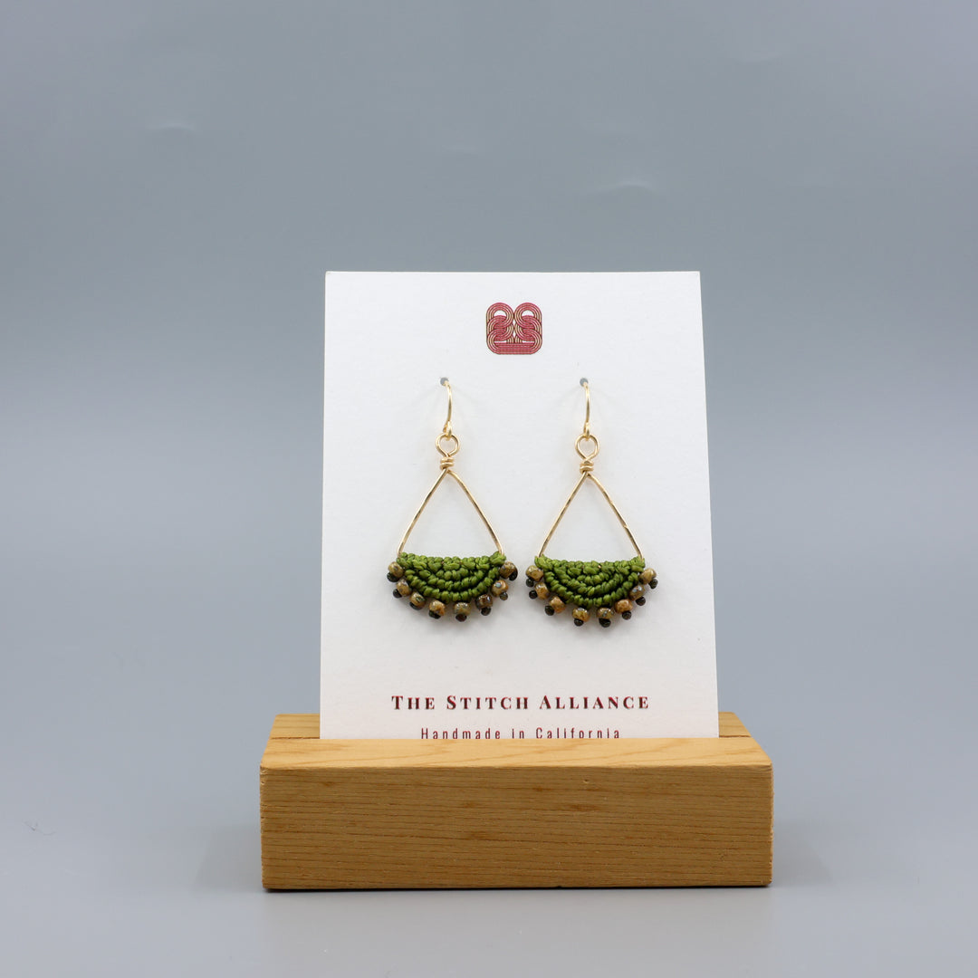 Luna Triangle Hoop Macrame Earrings Olive Green - Gold Fill