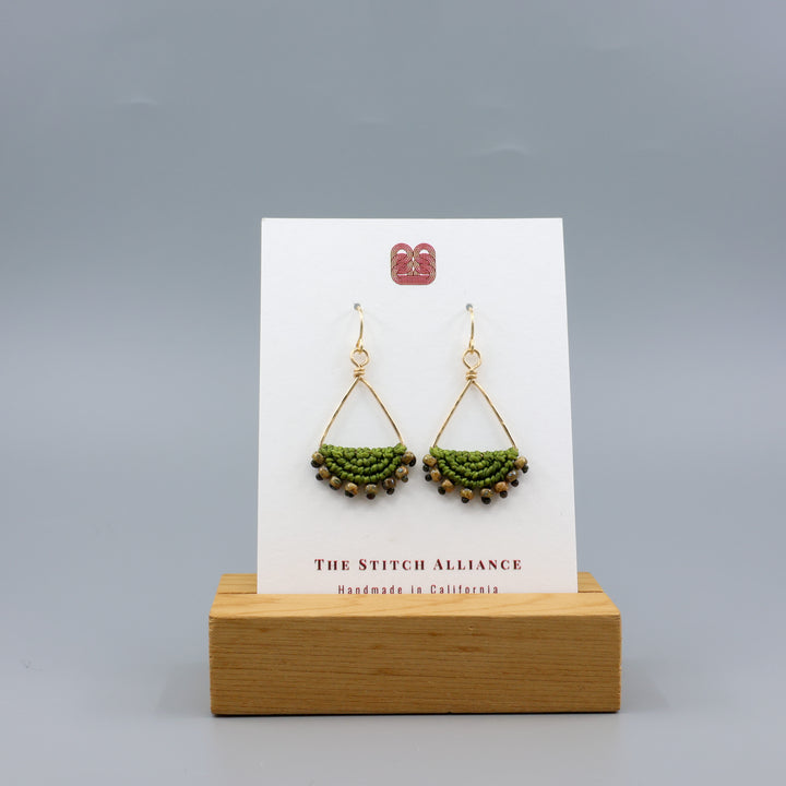 Luna Triangle Hoop Macrame Earrings Olive Green - Gold Fill
