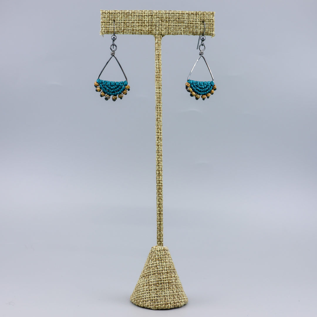 Luna Triangle Hoop Macrame Earrings Teal - Oxidized Sterling