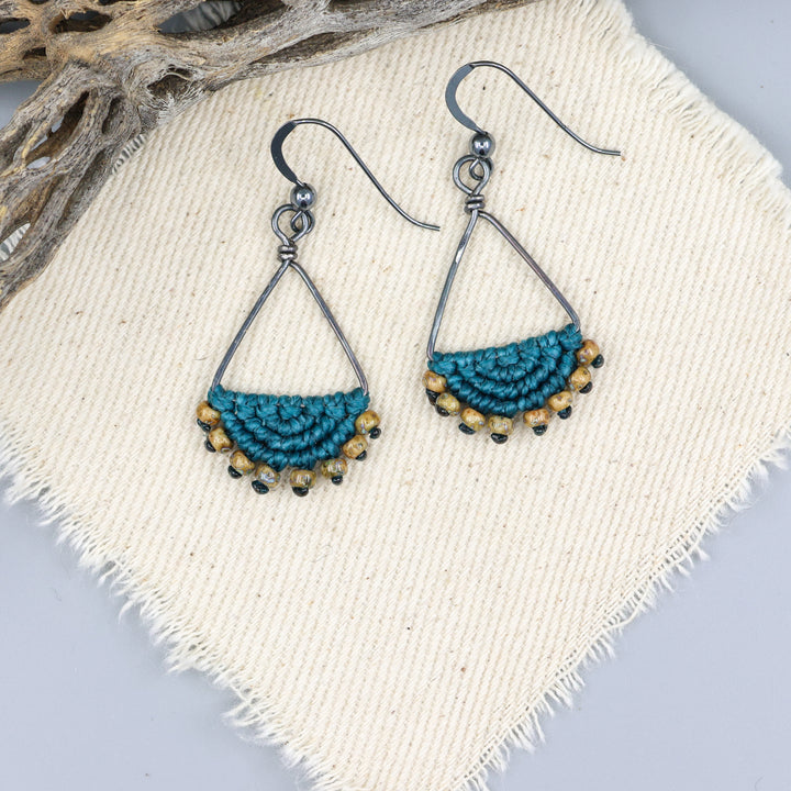 handmade macrame triangle hoop earrings oxidized sterling silver teal color