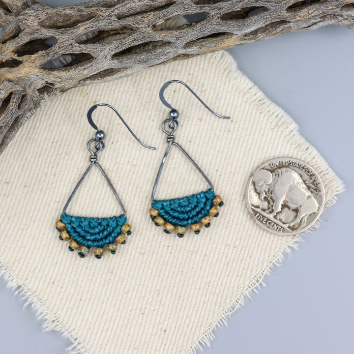 Luna Triangle Hoop Macrame Earrings Teal - Oxidized Sterling