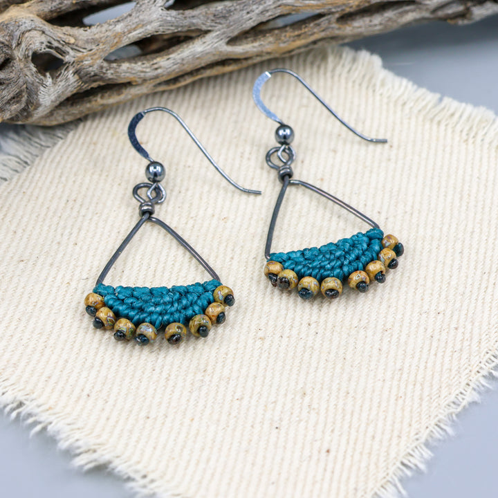 Luna Triangle Hoop Macrame Earrings Teal - Oxidized Sterling