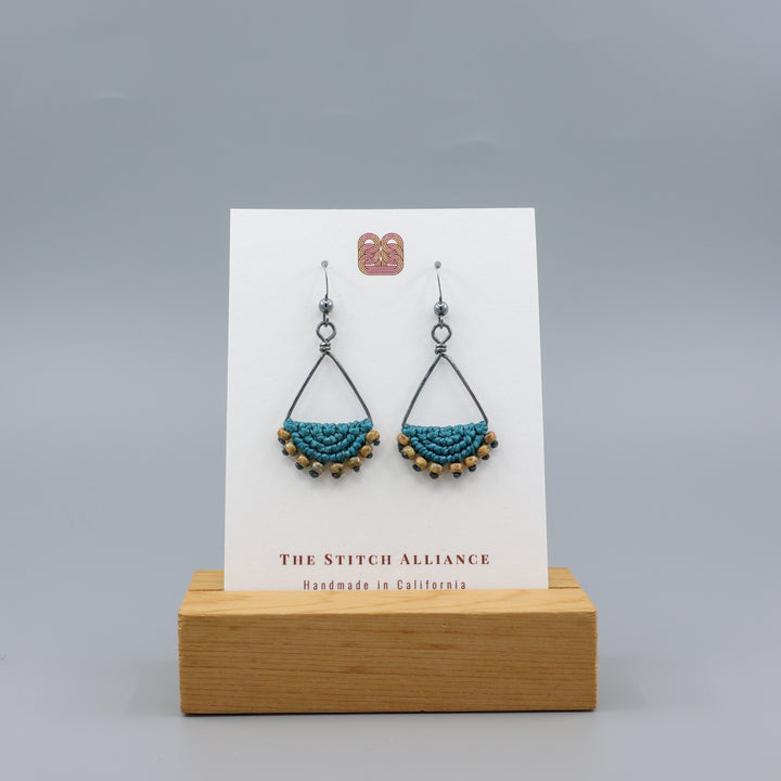 Luna Triangle Hoop Macrame Earrings Teal - Oxidized Sterling