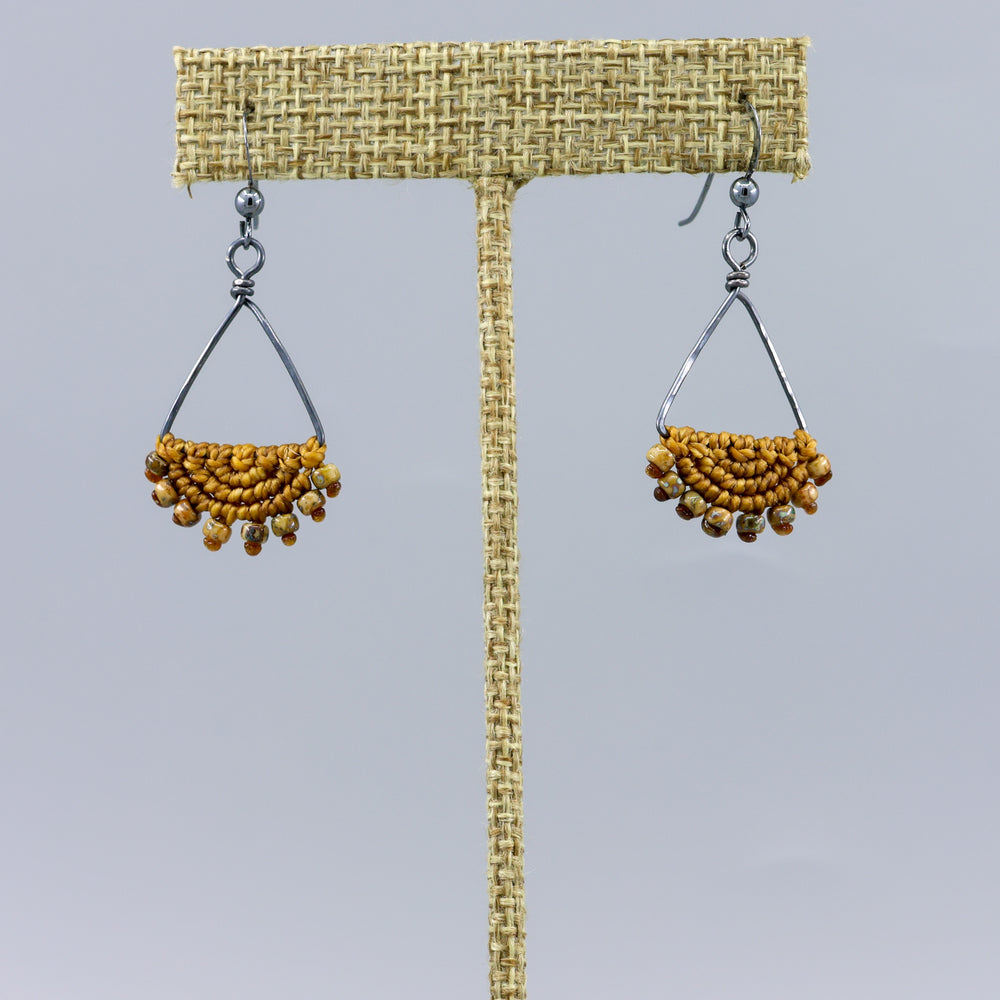 handmade macrame triangle hoop earrings oxidized sterling silver old gold color