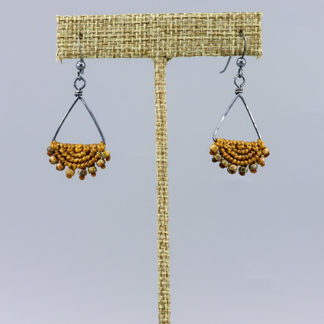 handmade macrame triangle hoop earrings oxidized sterling silver old gold color