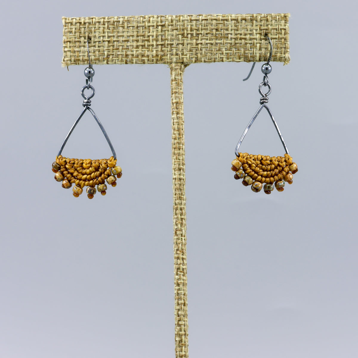 handmade macrame triangle hoop earrings oxidized sterling silver old gold color