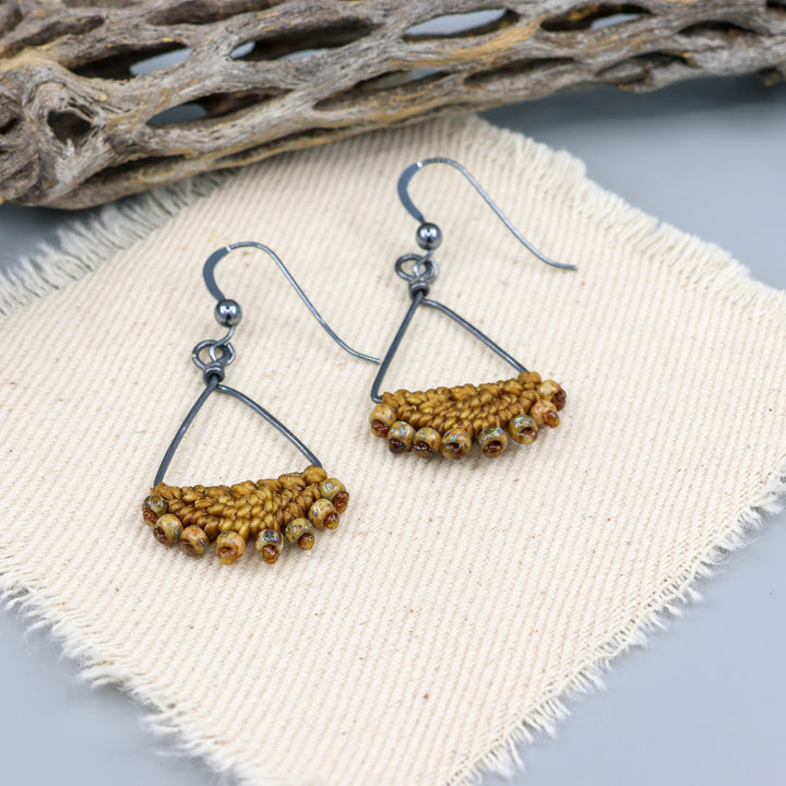 Luna Triangle Hoop Macrame Earrings Old Gold - Sterling Silver
