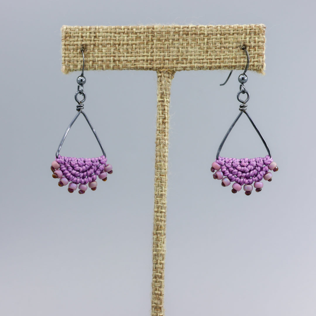 handmade purple macrame triangle hoop earrings in oxidized sterling silver on a  linen hanger