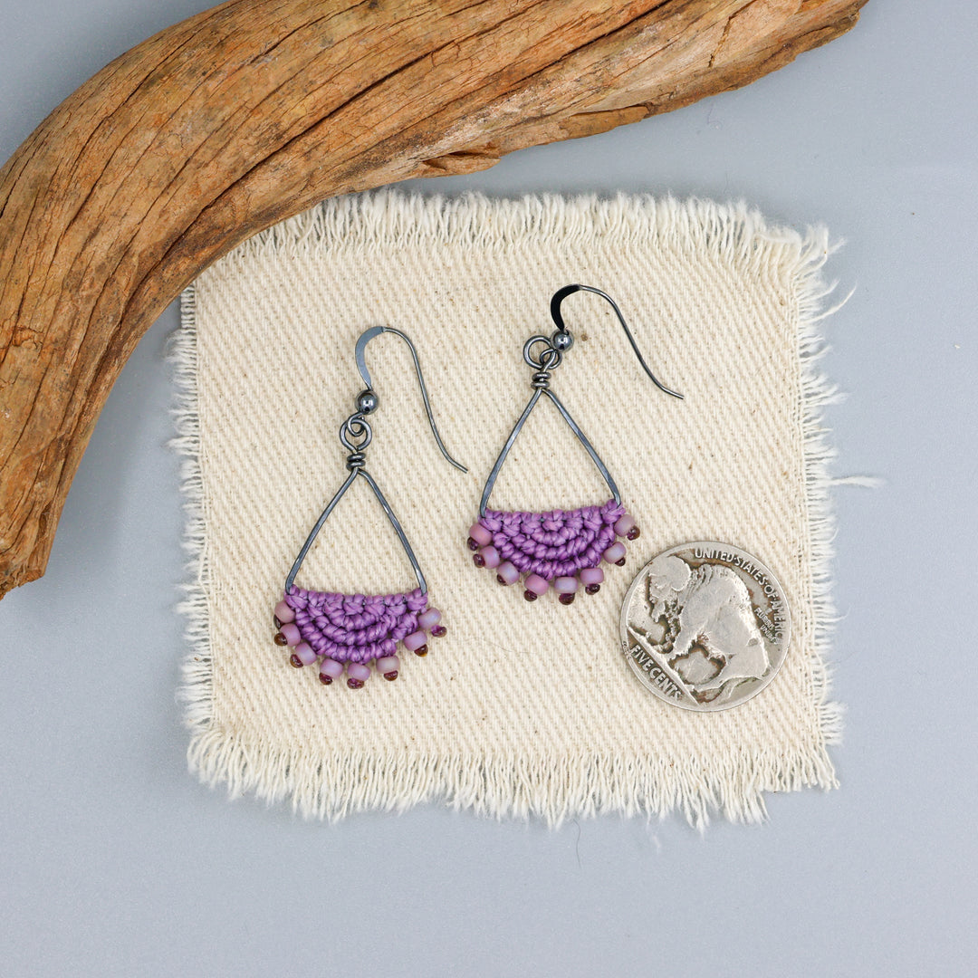 Luna Triangle Hoop Purple Macrame Earrings - Oxidized Sterling