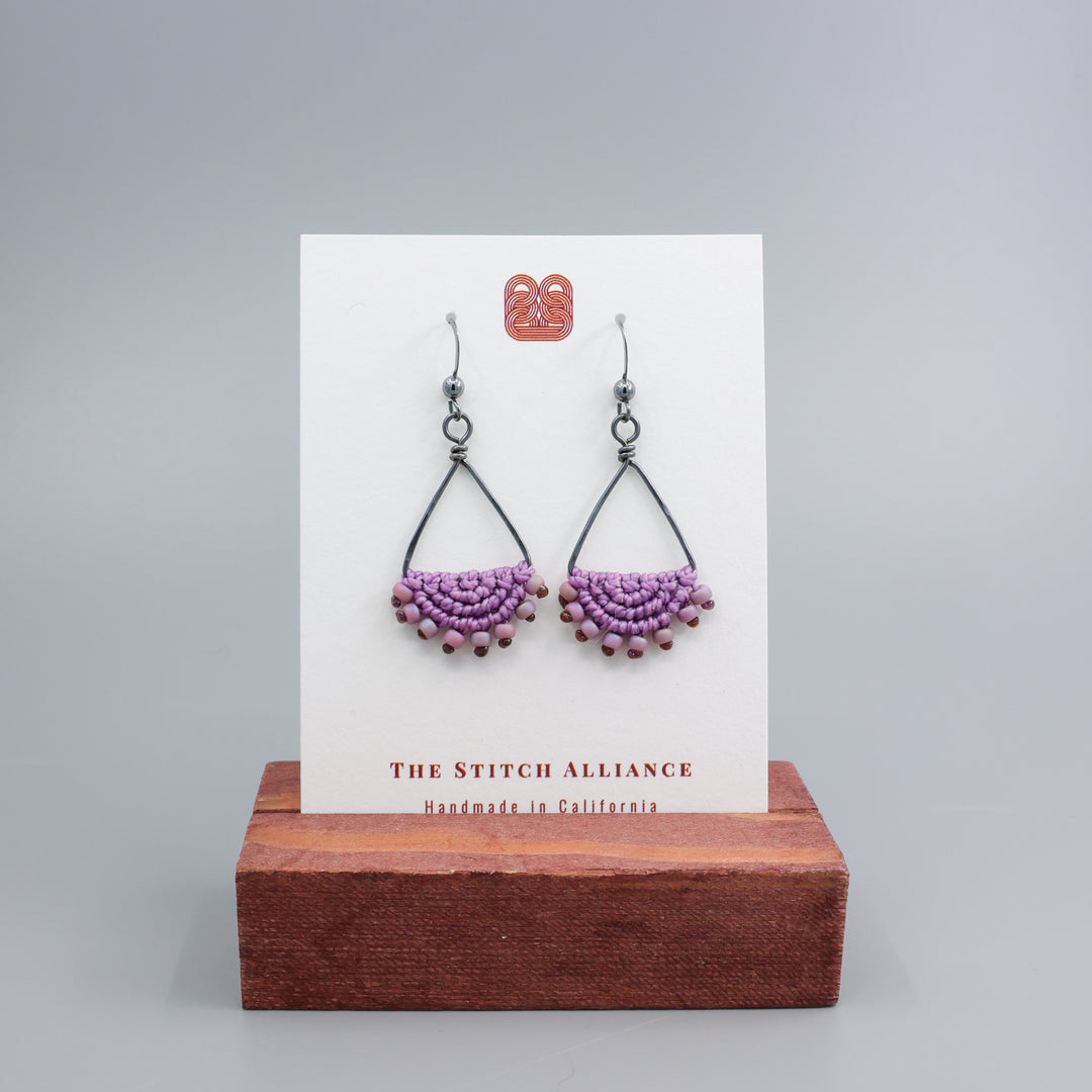 Luna Triangle Hoop Purple Macrame Earrings - Oxidized Sterling