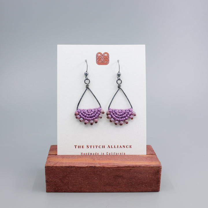 Luna Triangle Hoop Purple Macrame Earrings - Oxidized Sterling