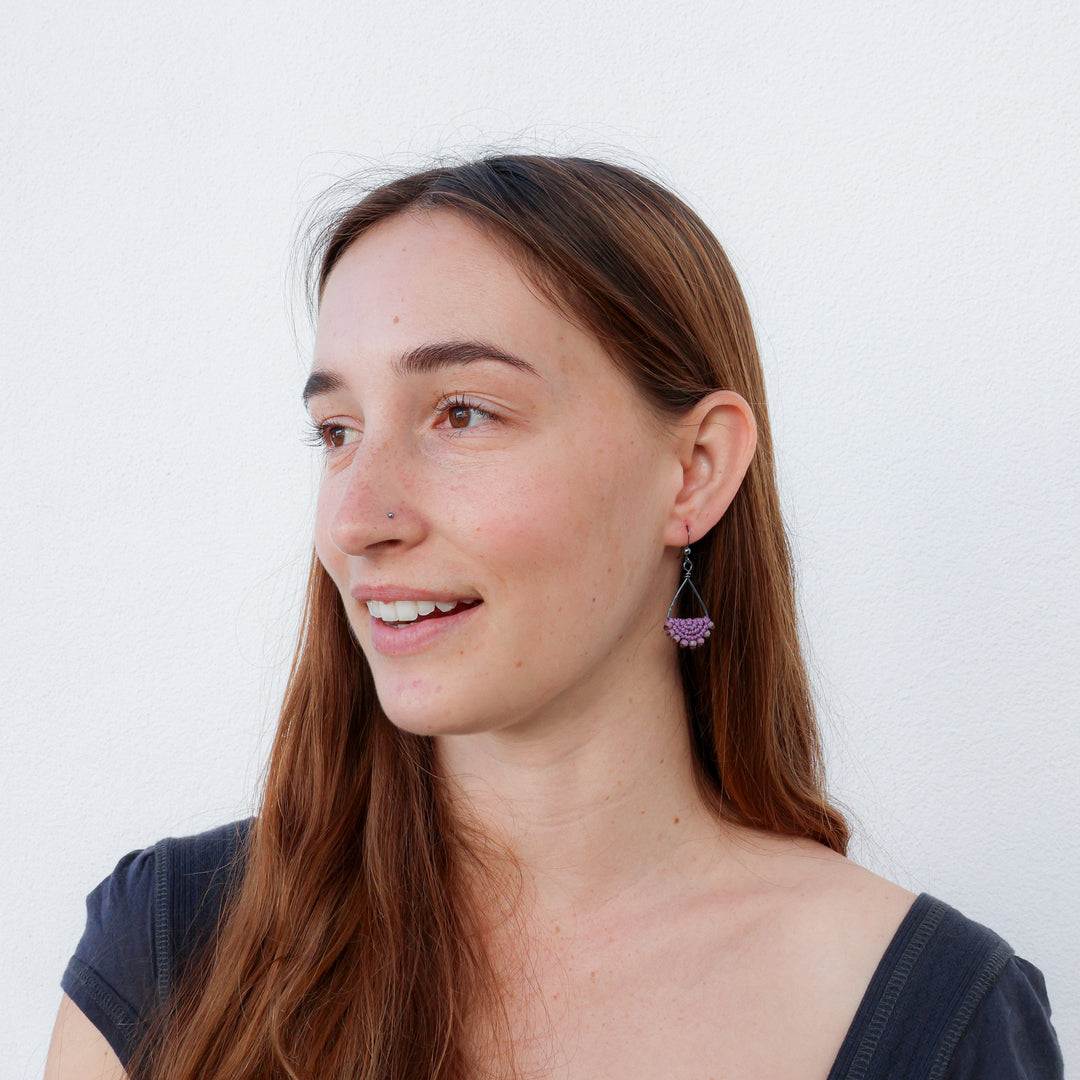 handmade purple macrame hoop earrings oxidized sterling silver 