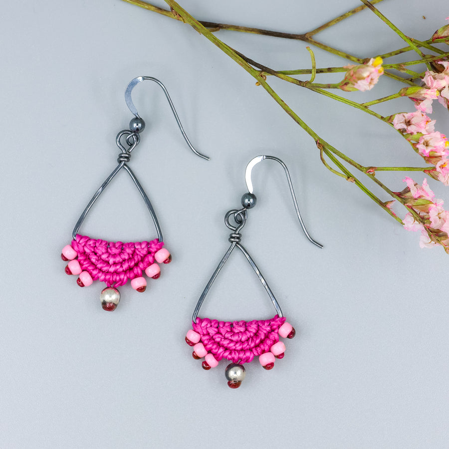 handmade oxidized sterling silver triangle hoop earrings with bright pink macrame