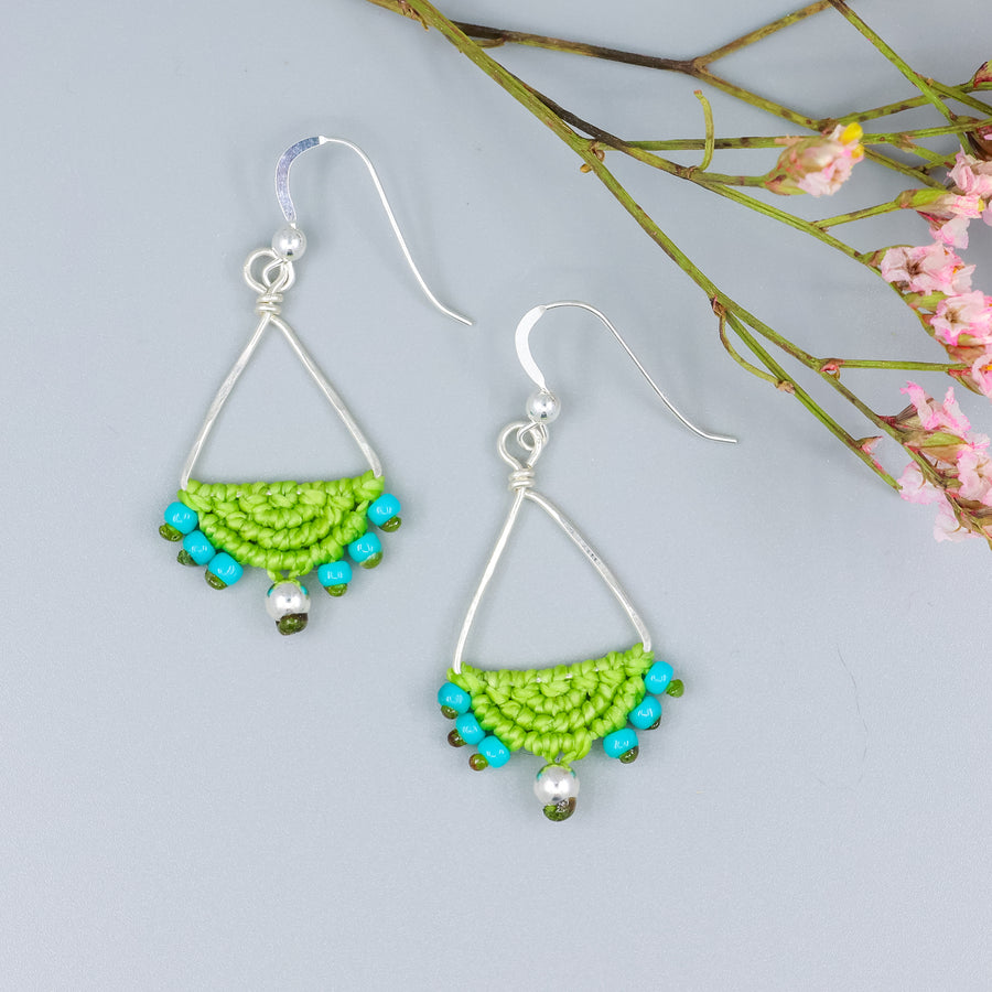 handmade sterling silver triangle hoop earrings with lime green macrame