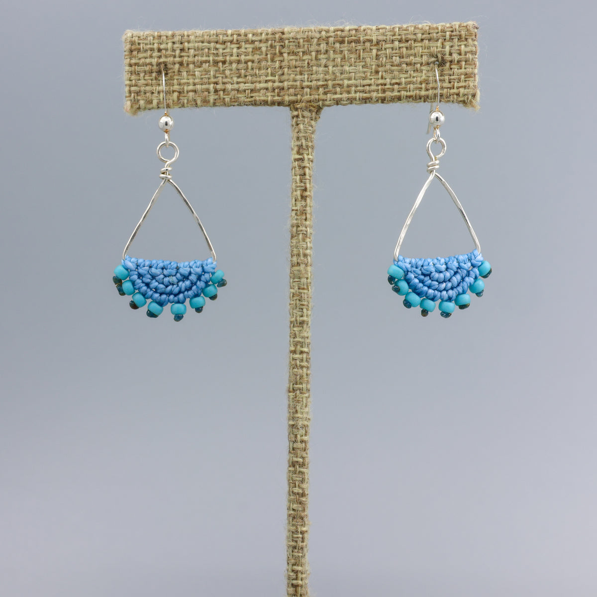 light blue, handmade triangle hoop earrings in sterling silver