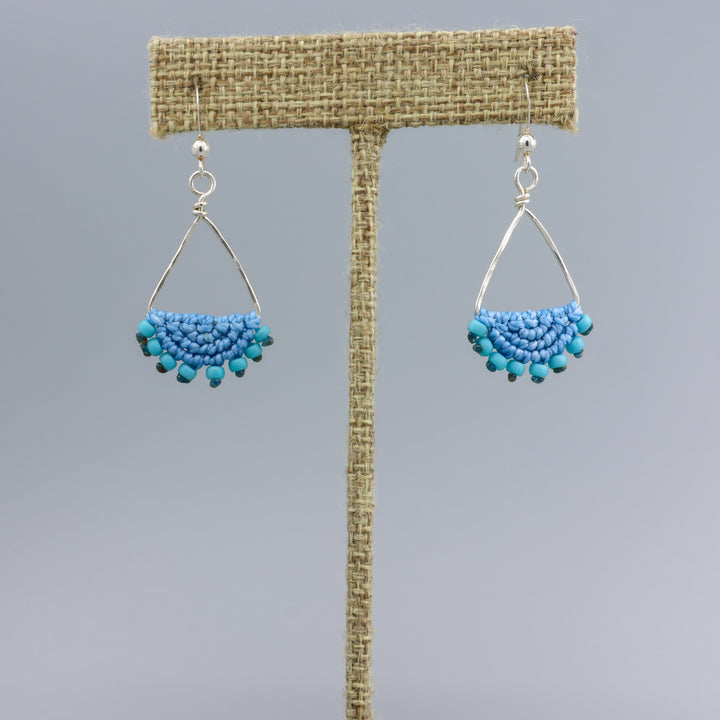 light blue, handmade triangle hoop earrings in sterling silver