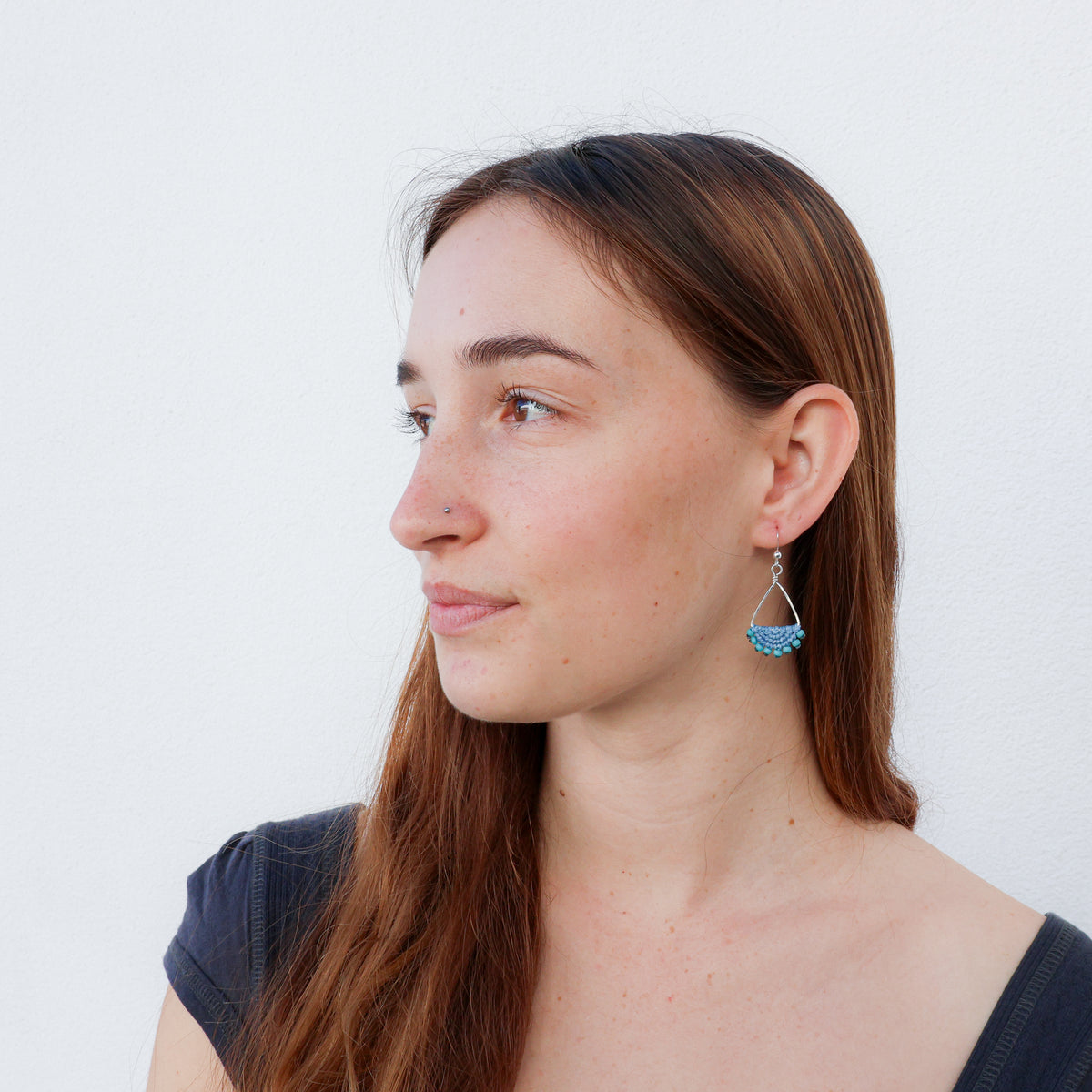 handmade blue macrame triagnle hoop earrings in sterling silver