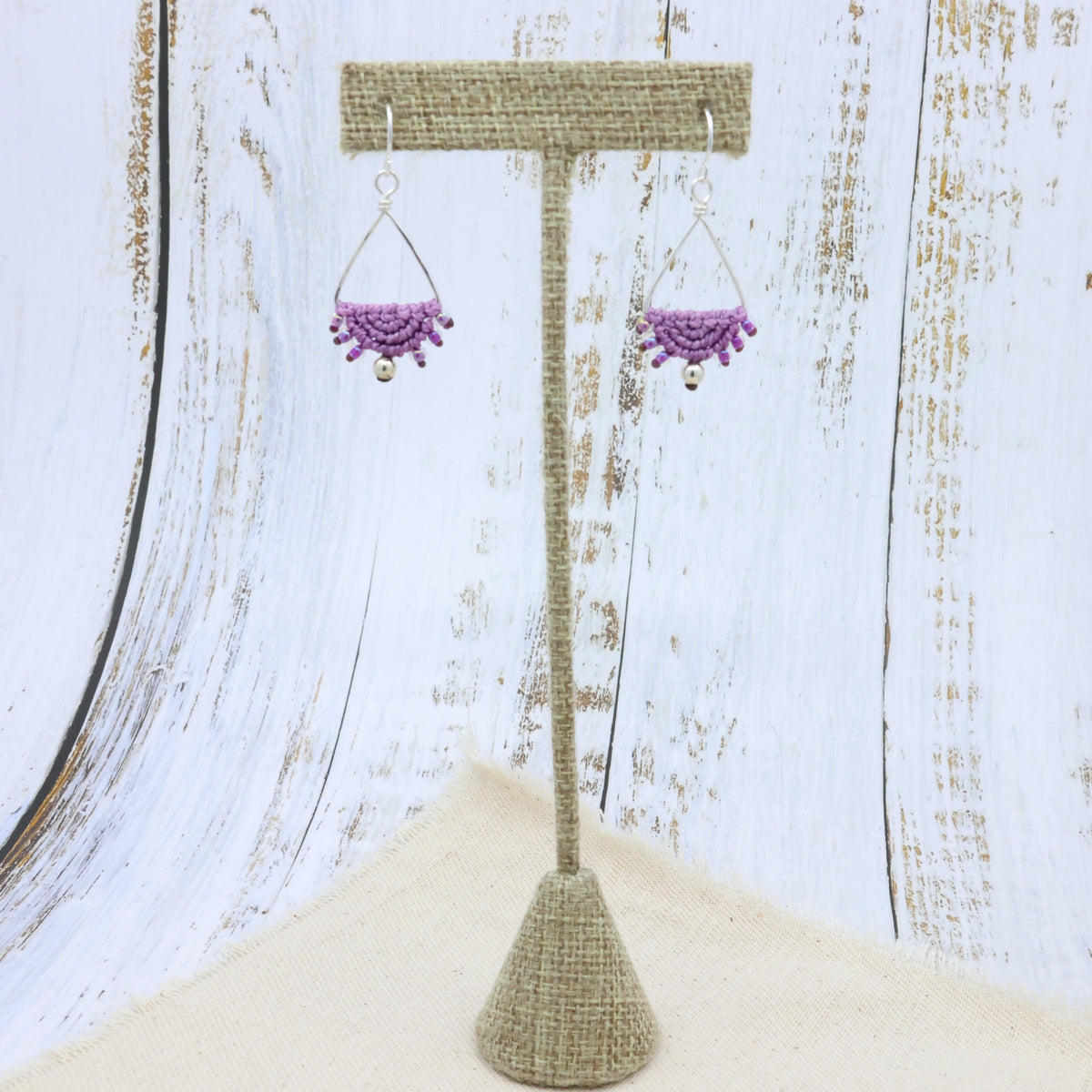 handmade sterling silver triangle hoops with purple macrame