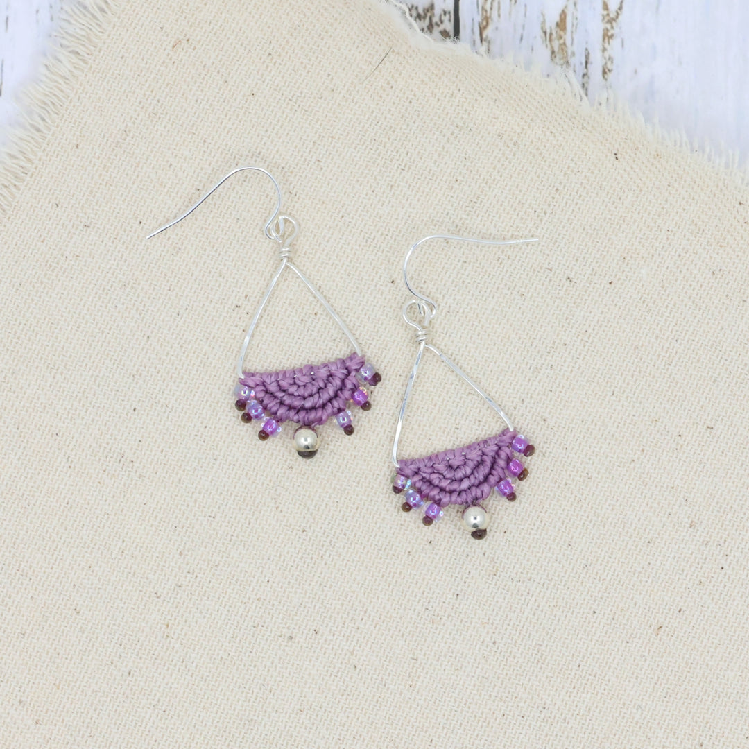 sterling silver triangle hoops with purple macrame