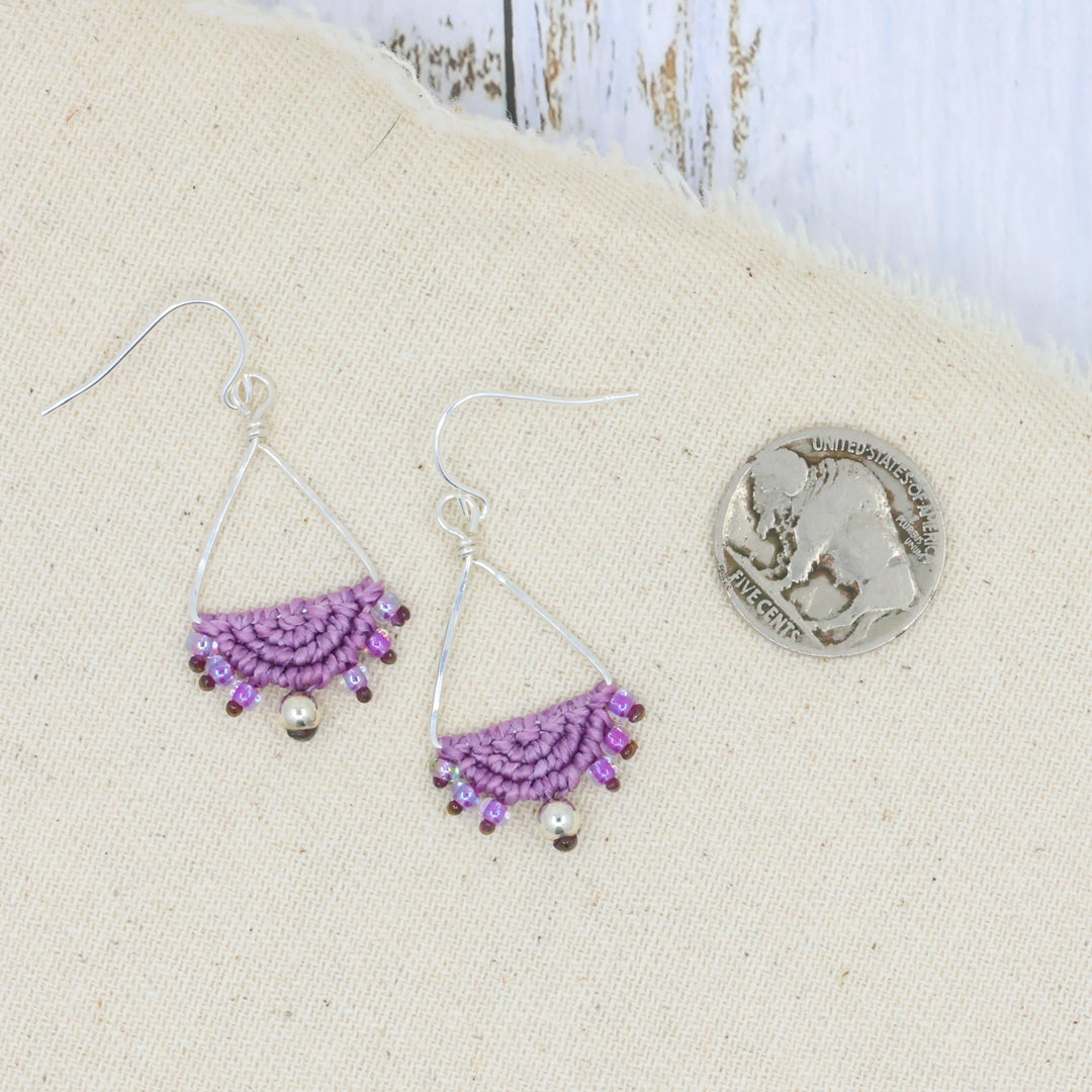 sterling silver triangle hoop earrings with purple macrame