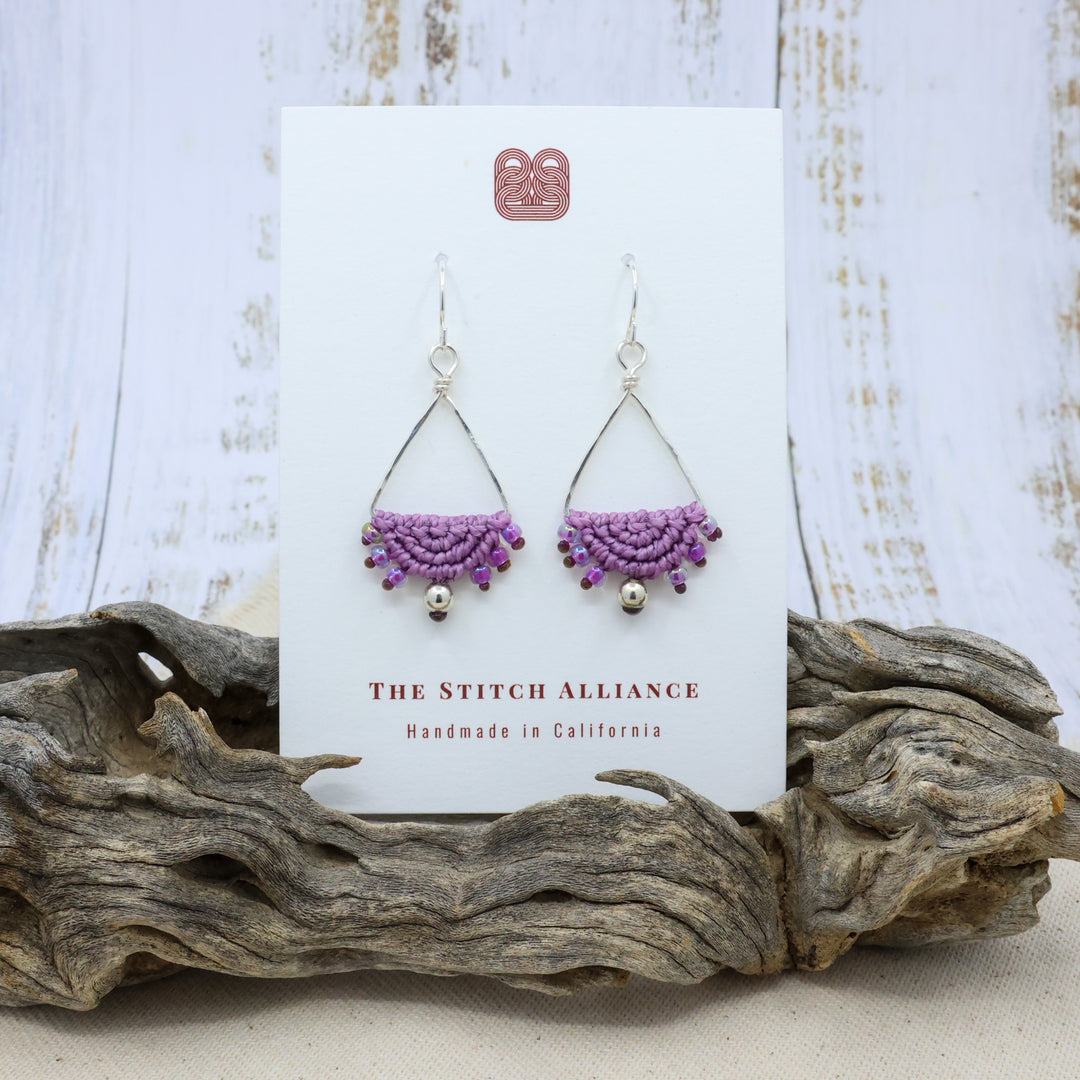 hand hammered sterling silver triangle hoops with purple macrame