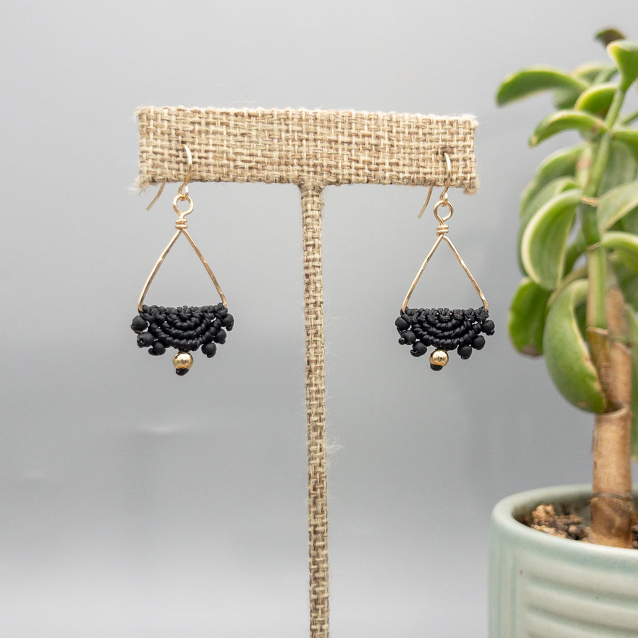 gold filled triangle hoop macrame earrings in black