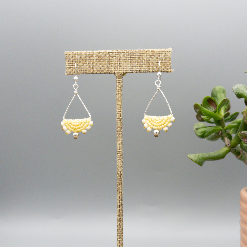 yellow macrame triangle hoop sterling silver earrings