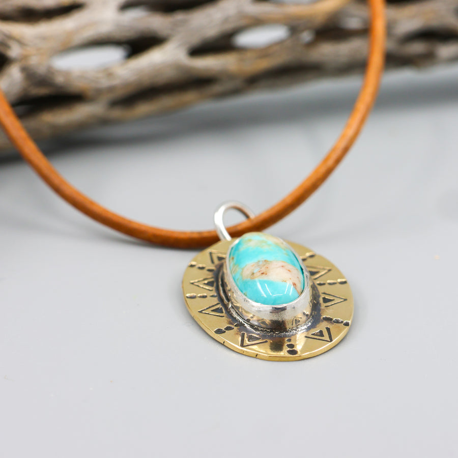 turquoise and brass handmade pendant on  leather cord