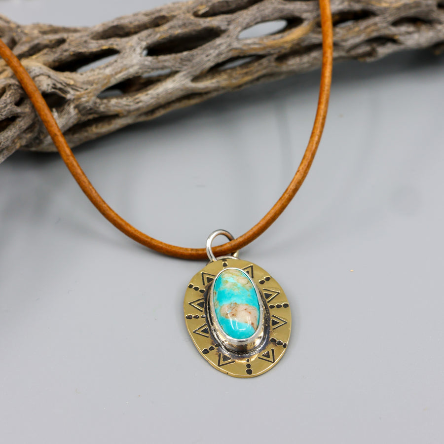 brass and turquoise pendant on a leather cord one of a kind