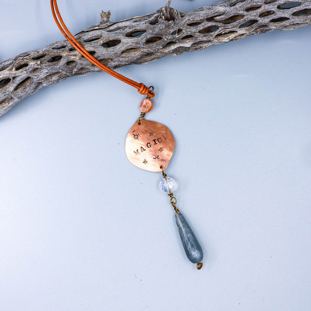 handmade copper gemstone suncatcher with labradorite bead