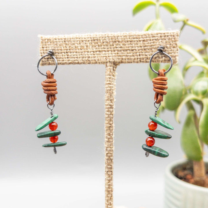 handmade malachite carnelian stacked bead earrings