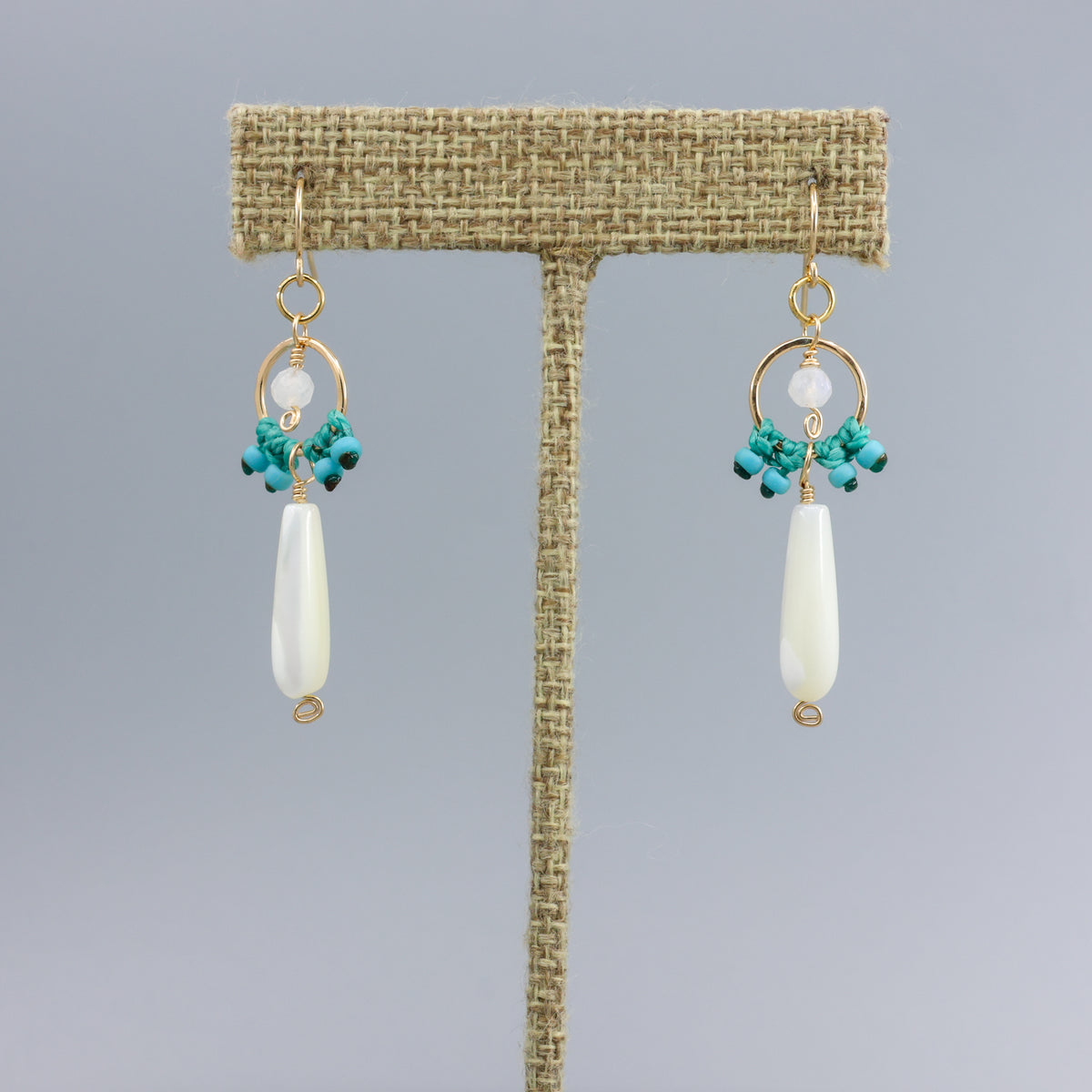 mother of pearl macrame earrings in 14k gold fill