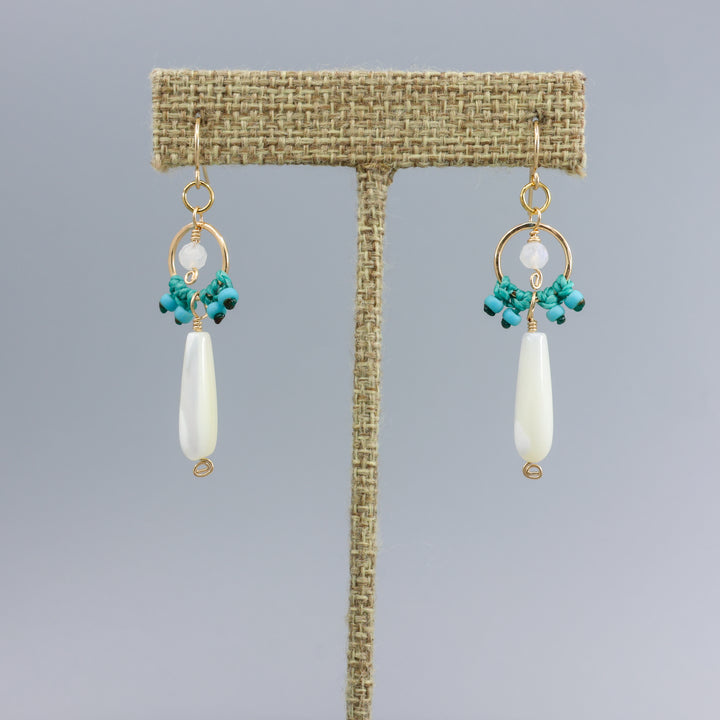 mother of pearl macrame earrings in 14k gold fill