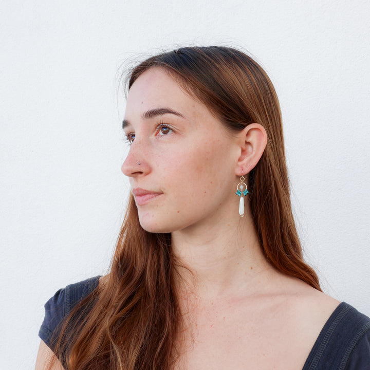 handmade gold fill macrame dangle earrings with mother of pearl and rainbow moonstone