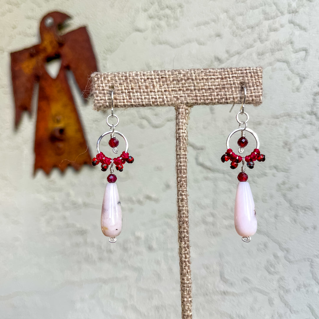 Maria Earring - Sterling Silver, Pink Opal & Garnet