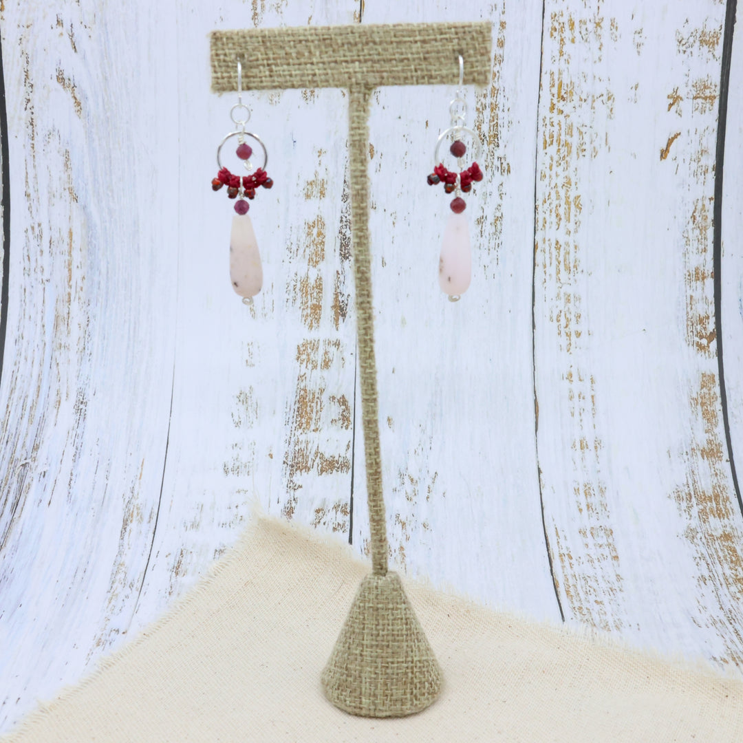 sterling silver dangle earrings with pink opal, garnet, and macrame