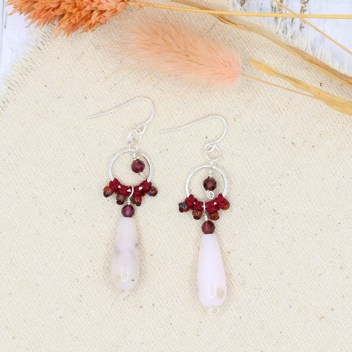 handmade sterling silver dangle earrings with pink opal, garnet, and macrame