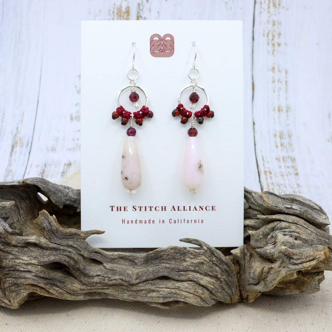 handmade sterling silver earrings with pink opal, garnet, and macrame