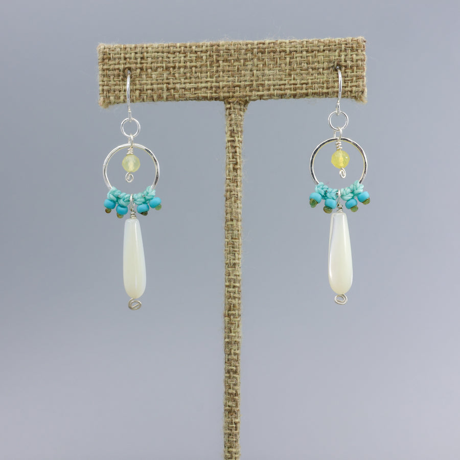 handmade sterling silver, mother of pearl and yellow opal macrame earrings