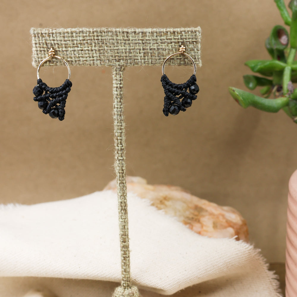 black spinel gold fill macrame earrings