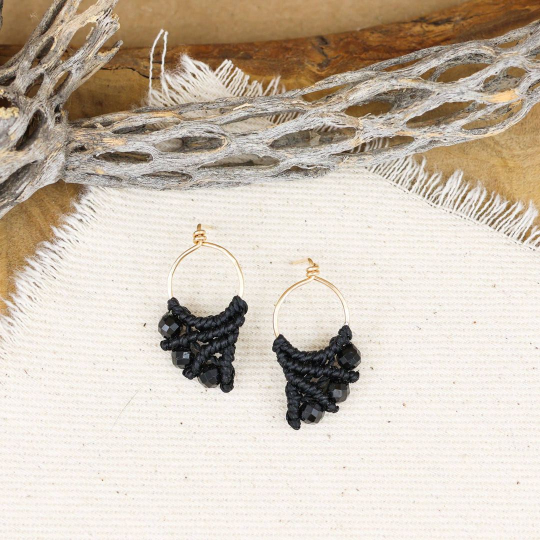 gold fill macrame earrings black spinel